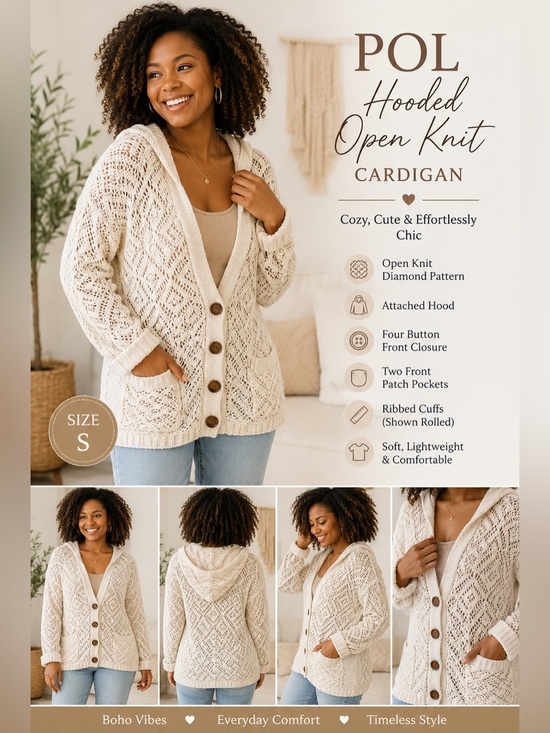 POL Sweaters - Women's POL Cream Open Knit Hooded Cardigan